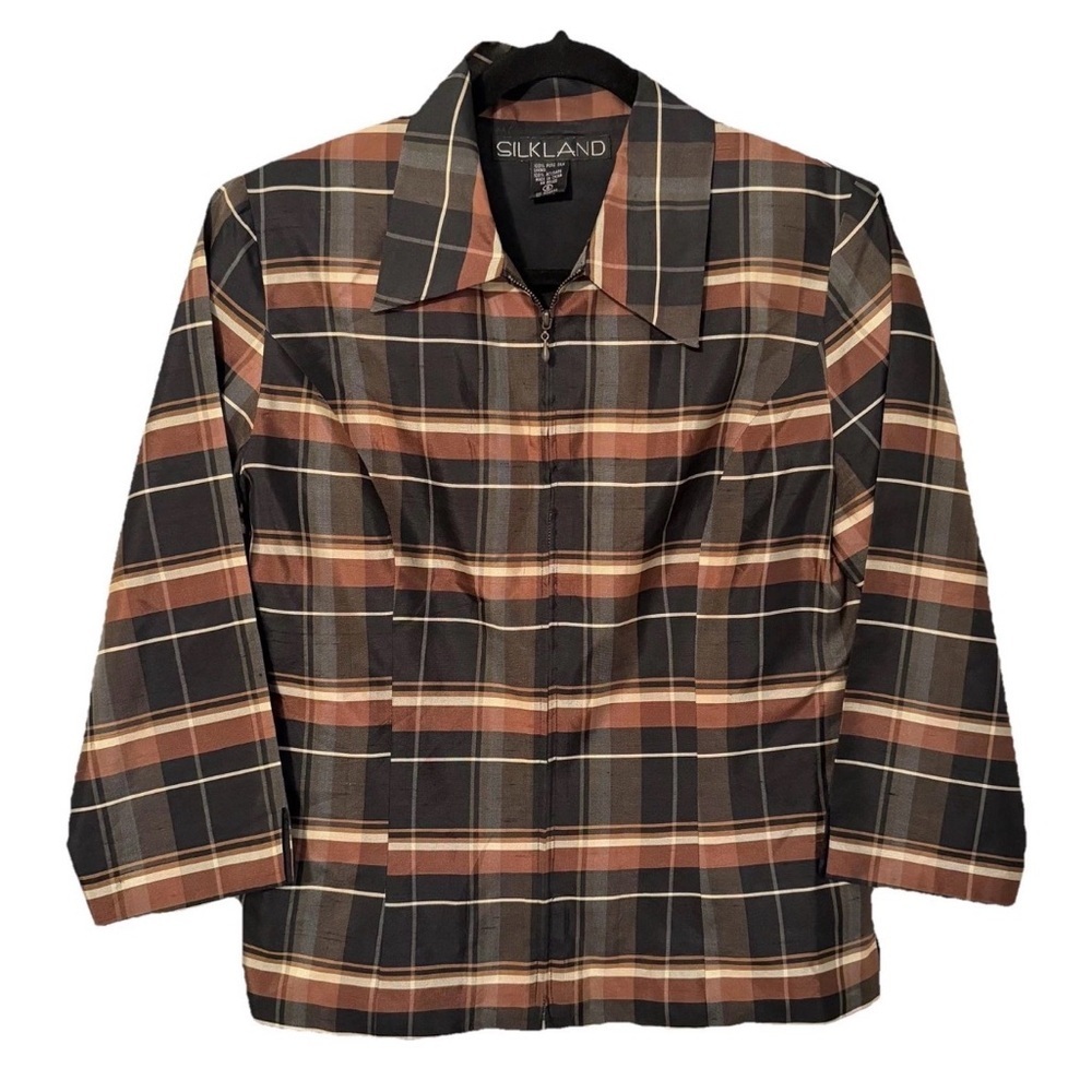Silkland Jacket Womens 6 Multicolor Plaid Silk Lined Zip Front Office Preppy